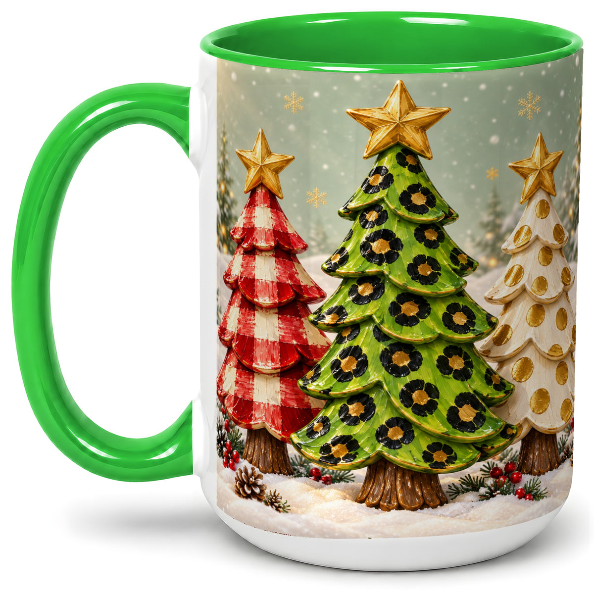 #pl[15oz|Green] Plaid Christmas Trees Accent Mug, Ceramic Cup with Leopard Art