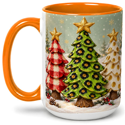 #pl[15oz|Orange] Plaid Christmas Trees Accent Mug, Ceramic Cup with Leopard Art