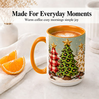 #pl[15oz|Orange] Plaid Christmas Trees Accent Mug, Ceramic Cup with Leopard Art