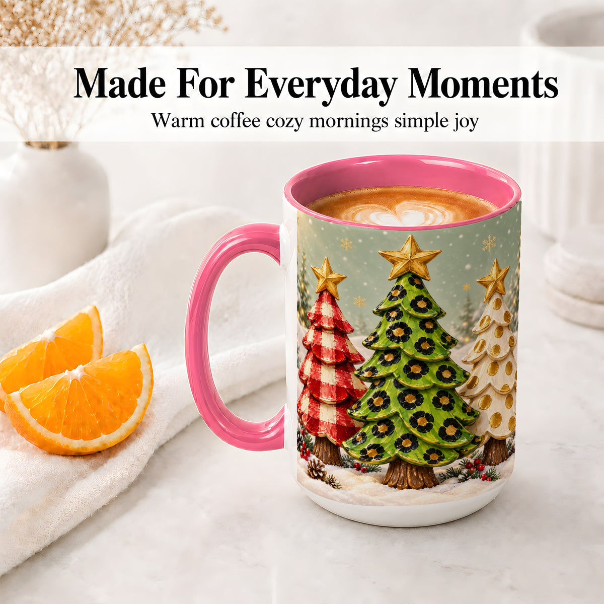 #pl[15oz|Pink] Plaid Christmas Trees Accent Mug, Ceramic Cup with Leopard Art