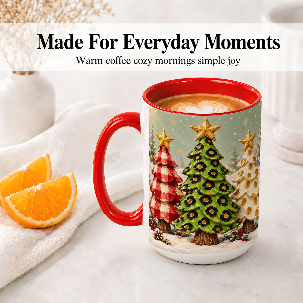 #pl[15oz|Red] Plaid Christmas Trees Accent Mug, Ceramic Cup with Leopard Art