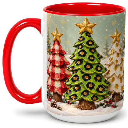 #pl[15oz|Red] Plaid Christmas Trees Accent Mug, Ceramic Cup with Leopard Art