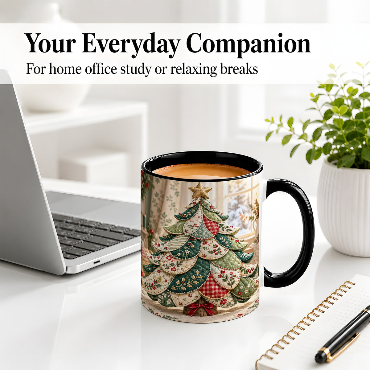 #pl[11oz|Black] Patchwork Christmas Tree Accent Mug, Ceramic Cup with Floral Art
