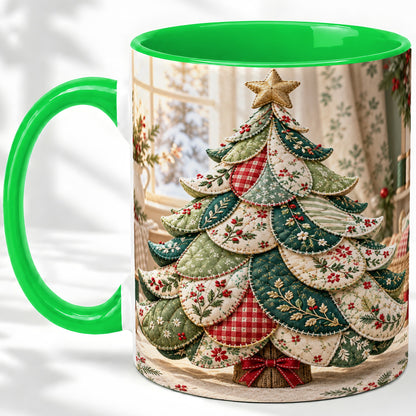 #pl[11oz|Green] Patchwork Christmas Tree Accent Mug, Ceramic Cup with Floral Art