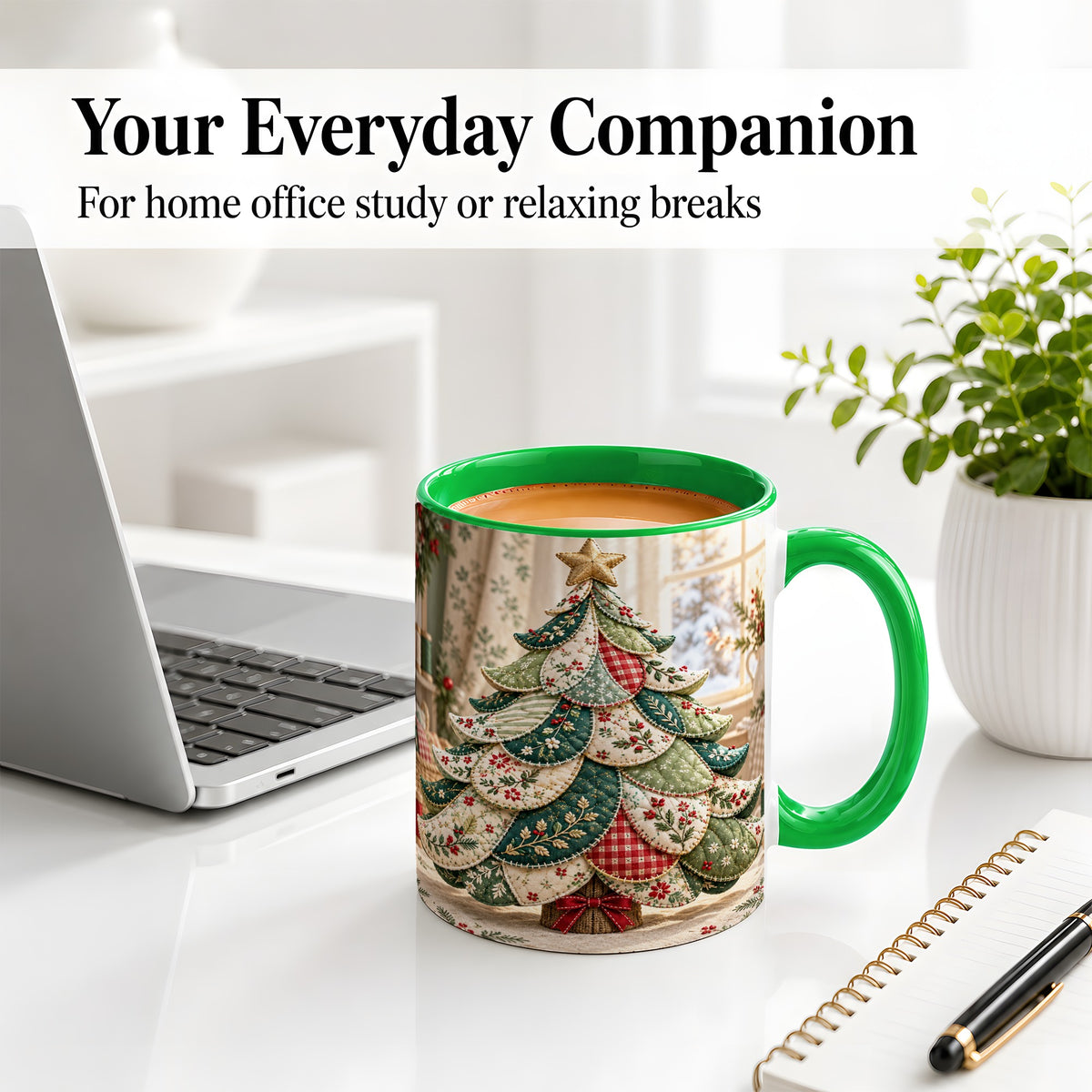 #pl[11oz|Green] Patchwork Christmas Tree Accent Mug, Ceramic Cup with Floral Art
