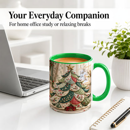 #pl[11oz|Green] Patchwork Christmas Tree Accent Mug, Ceramic Cup with Floral Art