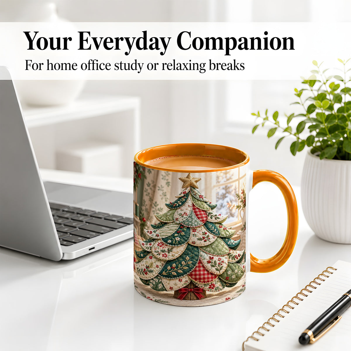 #pl[11oz|Orange] Patchwork Christmas Tree Accent Mug, Ceramic Cup with Floral Art