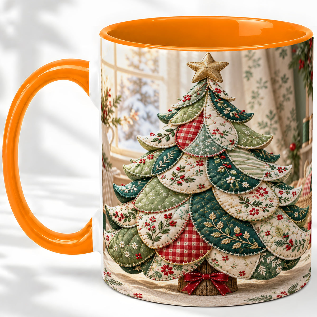 #pl[11oz|Orange] Patchwork Christmas Tree Accent Mug, Ceramic Cup with Floral Art