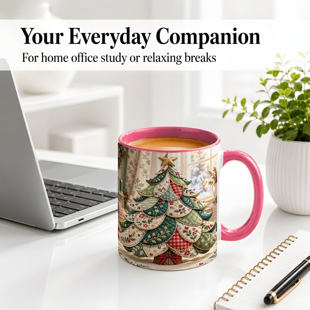 #pl[11oz|Pink] Patchwork Christmas Tree Accent Mug, Ceramic Cup with Floral Art