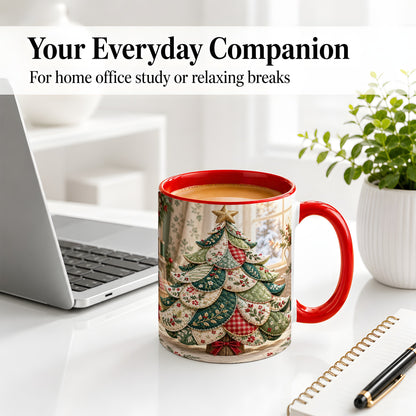 #pl[11oz|Red] Patchwork Christmas Tree Accent Mug, Ceramic Cup with Floral Art