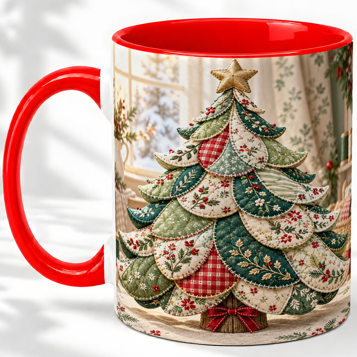 Patchwork Christmas Tree Accent Mug, Ceramic Cup with Floral Art
