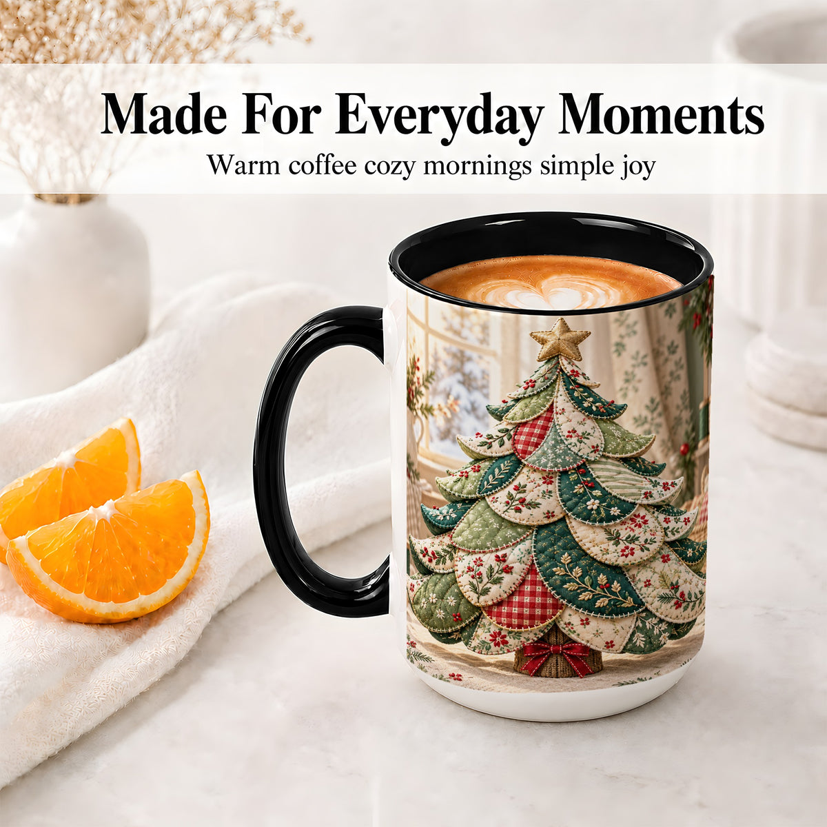#pl[15oz|Black] Patchwork Christmas Tree Accent Mug, Ceramic Cup with Floral Art