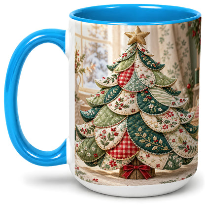 #pl[15oz|Blue] Patchwork Christmas Tree Accent Mug, Ceramic Cup with Floral Art