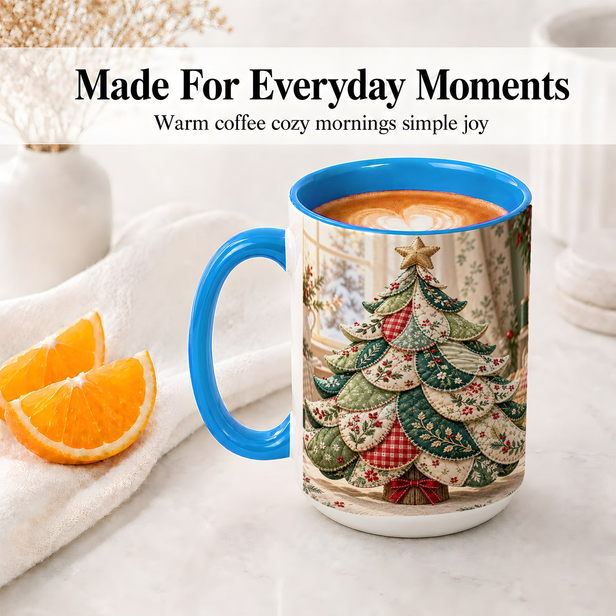#pl[15oz|Blue] Patchwork Christmas Tree Accent Mug, Ceramic Cup with Floral Art