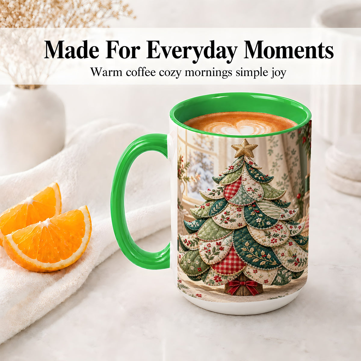 #pl[15oz|Green] Patchwork Christmas Tree Accent Mug, Ceramic Cup with Floral Art