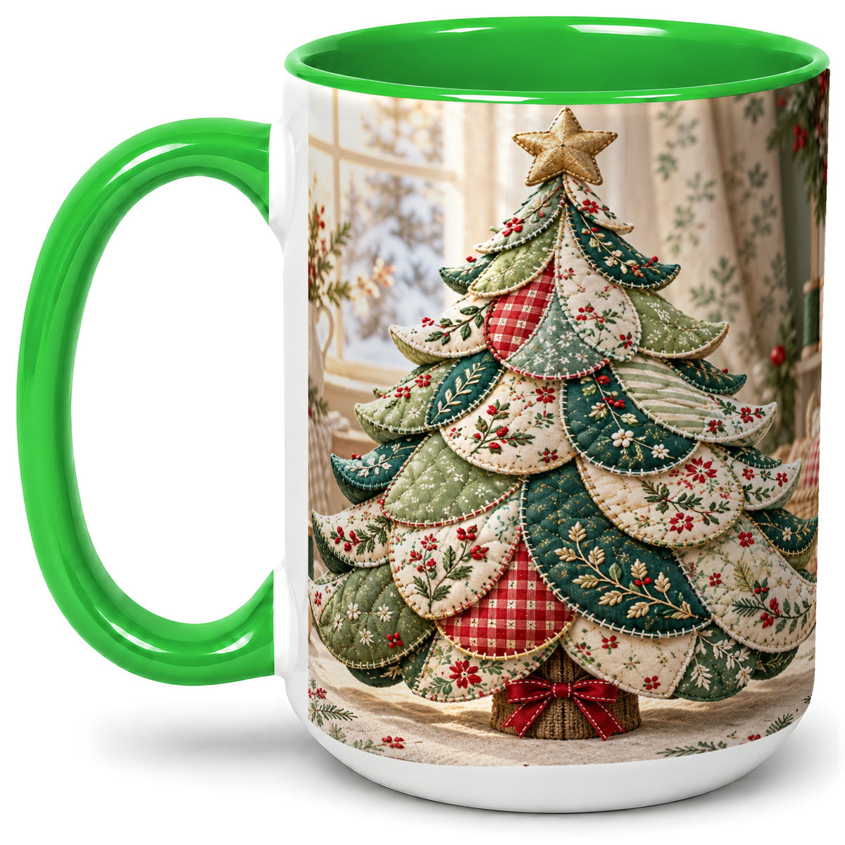 #pl[15oz|Green] Patchwork Christmas Tree Accent Mug, Ceramic Cup with Floral Art