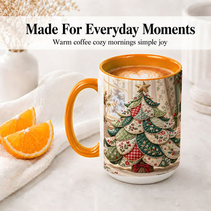 #pl[15oz|Orange] Patchwork Christmas Tree Accent Mug, Ceramic Cup with Floral Art