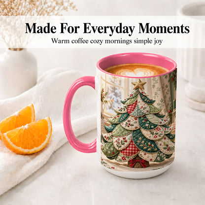 #pl[15oz|Pink] Patchwork Christmas Tree Accent Mug, Ceramic Cup with Floral Art