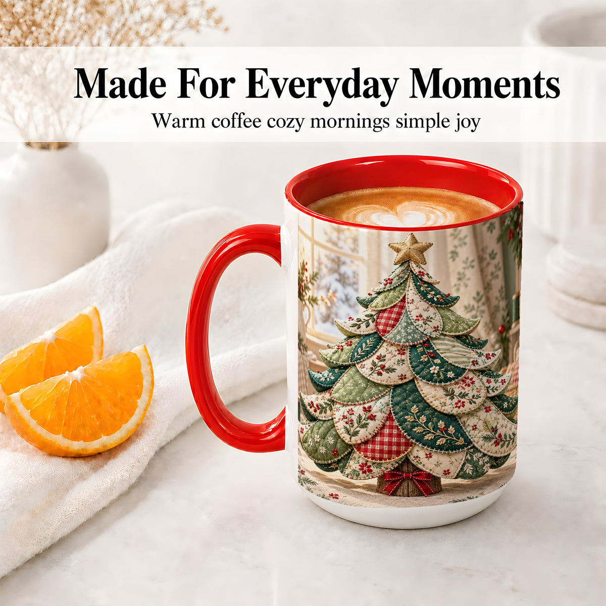 #pl[15oz|Red] Patchwork Christmas Tree Accent Mug, Ceramic Cup with Floral Art