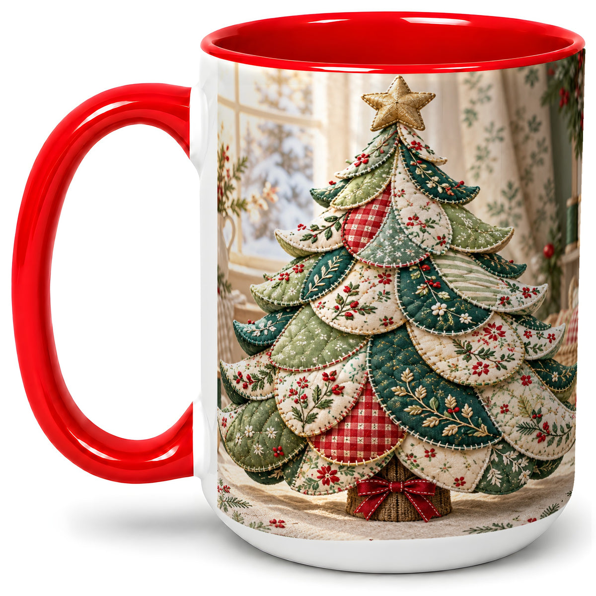 #pl[15oz|Red] Patchwork Christmas Tree Accent Mug, Ceramic Cup with Floral Art