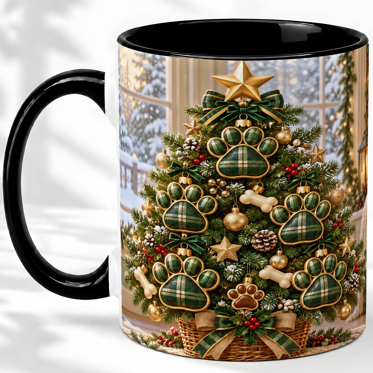 #pl[11oz|Black] Christmas Dog Paw Ceramic Mug, Green Plaid Tree Artwork