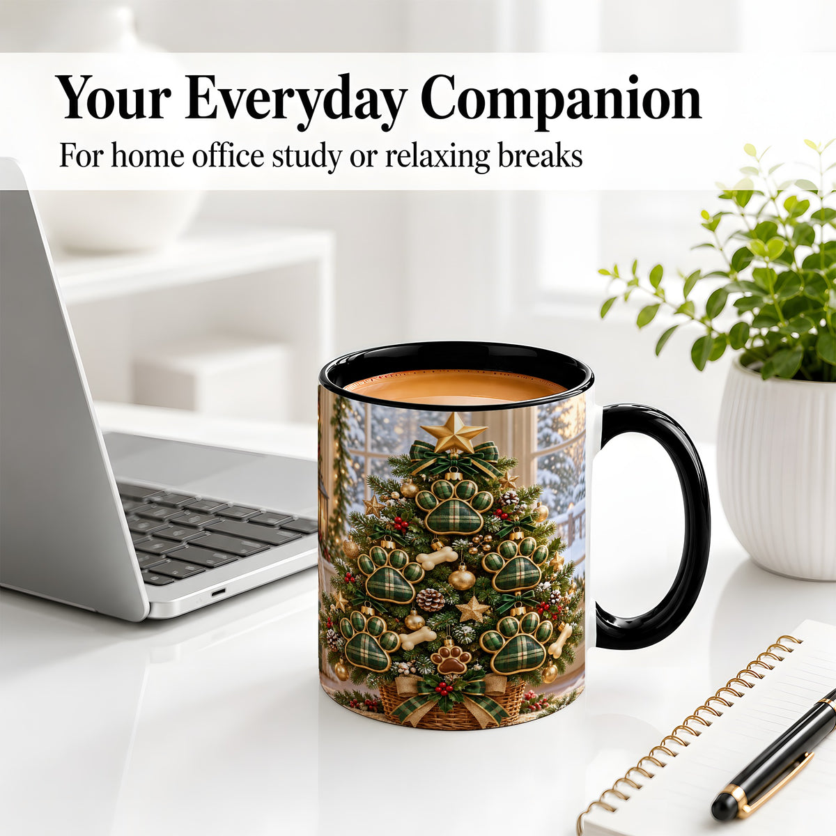 #pl[11oz|Black] Christmas Dog Paw Ceramic Mug, Green Plaid Tree Artwork