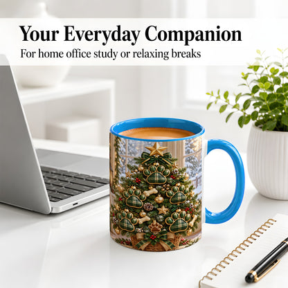 #pl[11oz|Blue] Christmas Dog Paw Ceramic Mug, Green Plaid Tree Artwork