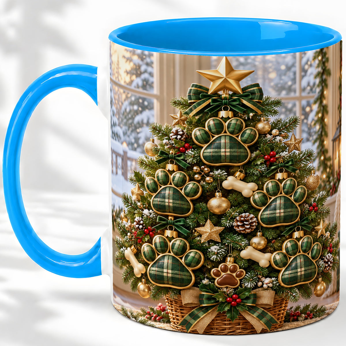 #pl[11oz|Blue] Christmas Dog Paw Ceramic Mug, Green Plaid Tree Artwork