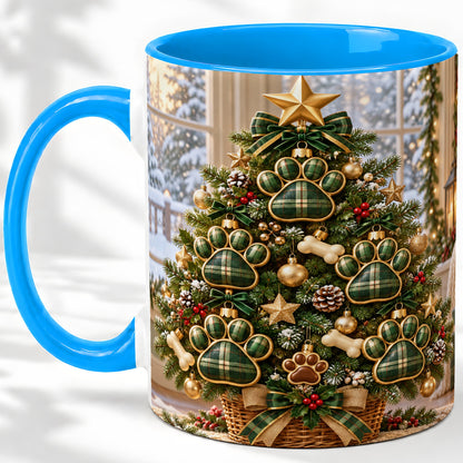 #pl[11oz|Blue] Christmas Dog Paw Ceramic Mug, Green Plaid Tree Artwork