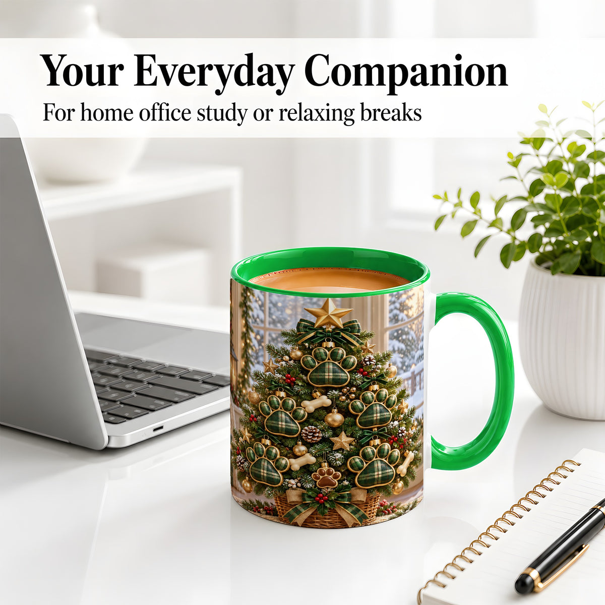 #pl[11oz|Green] Christmas Dog Paw Ceramic Mug, Green Plaid Tree Artwork
