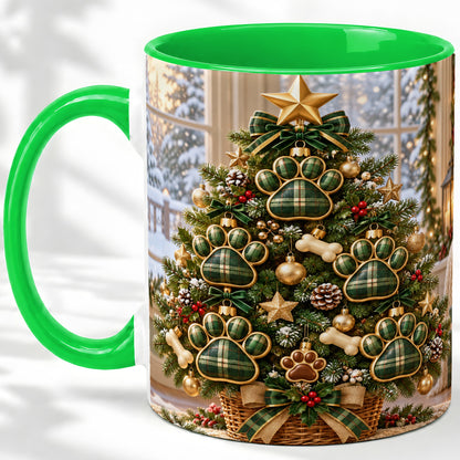 #pl[11oz|Green] Christmas Dog Paw Ceramic Mug, Green Plaid Tree Artwork