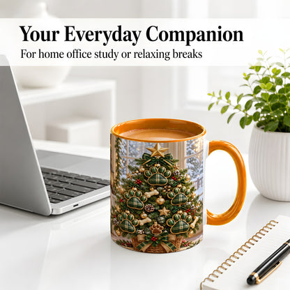 #pl[11oz|Orange] Christmas Dog Paw Ceramic Mug, Green Plaid Tree Artwork