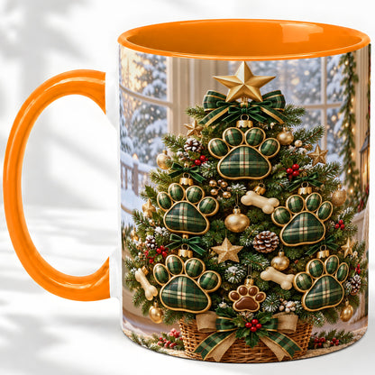 #pl[11oz|Orange] Christmas Dog Paw Ceramic Mug, Green Plaid Tree Artwork