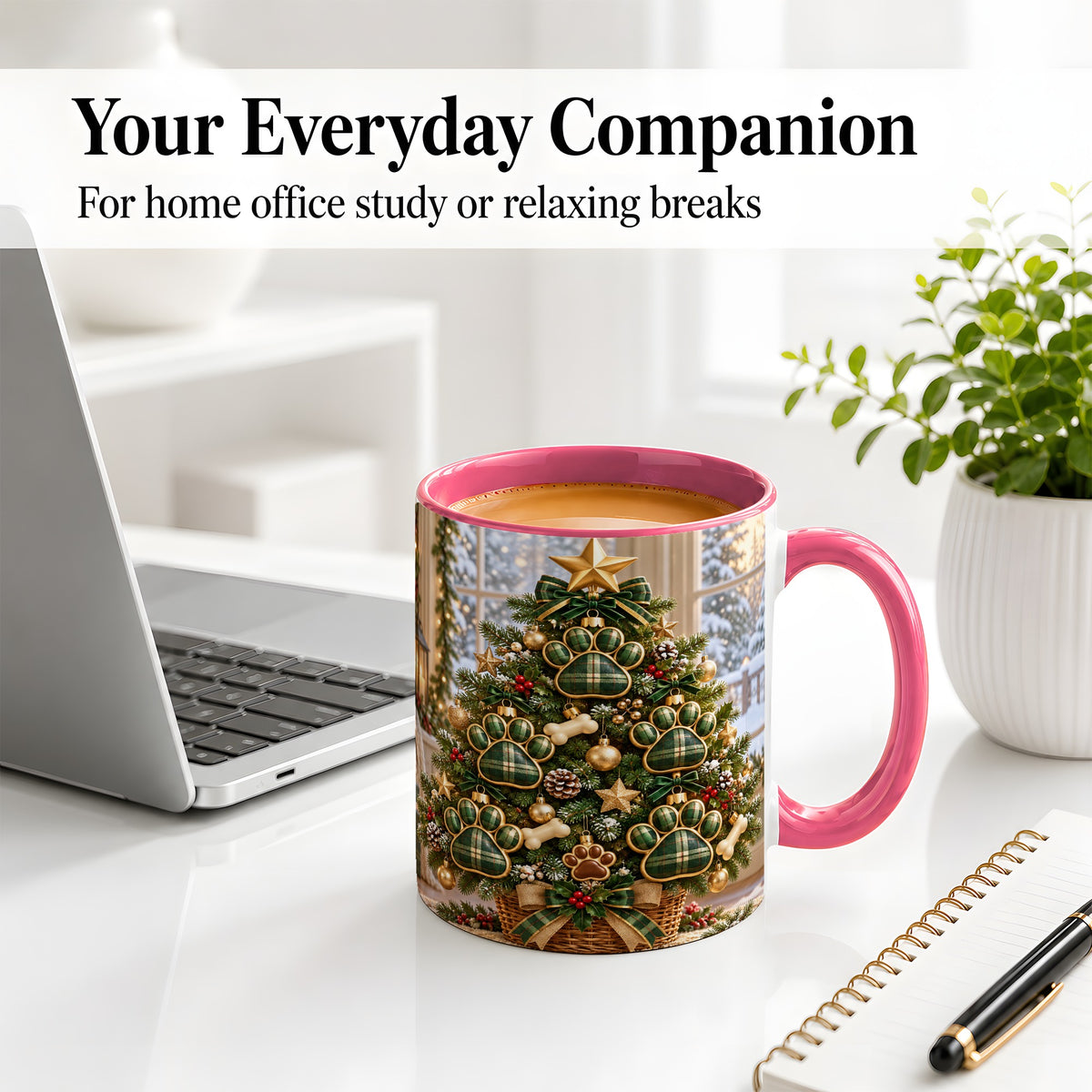 #pl[11oz|Pink] Christmas Dog Paw Ceramic Mug, Green Plaid Tree Artwork