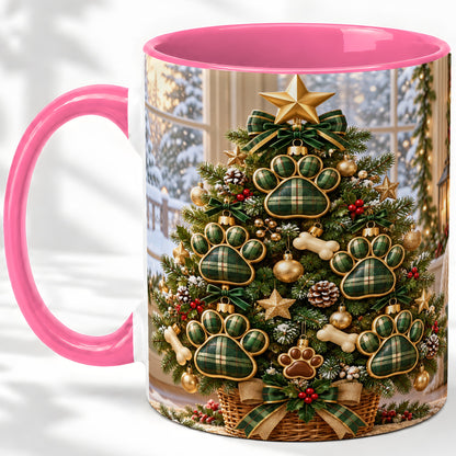 #pl[11oz|Pink] Christmas Dog Paw Ceramic Mug, Green Plaid Tree Artwork