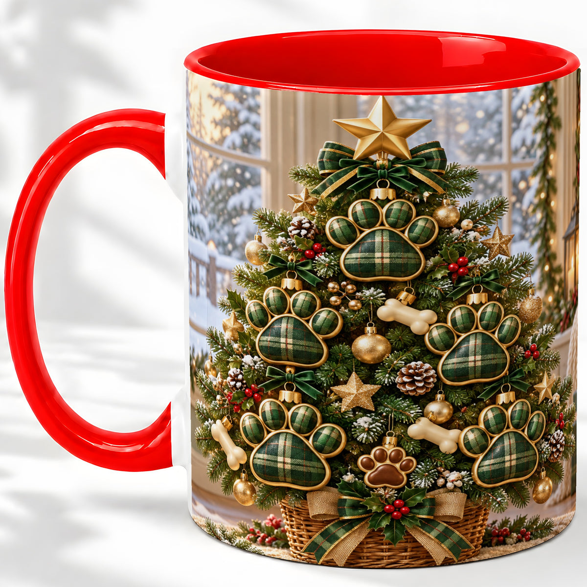 Christmas Dog Paw Ceramic Mug, Green Plaid Tree Artwork