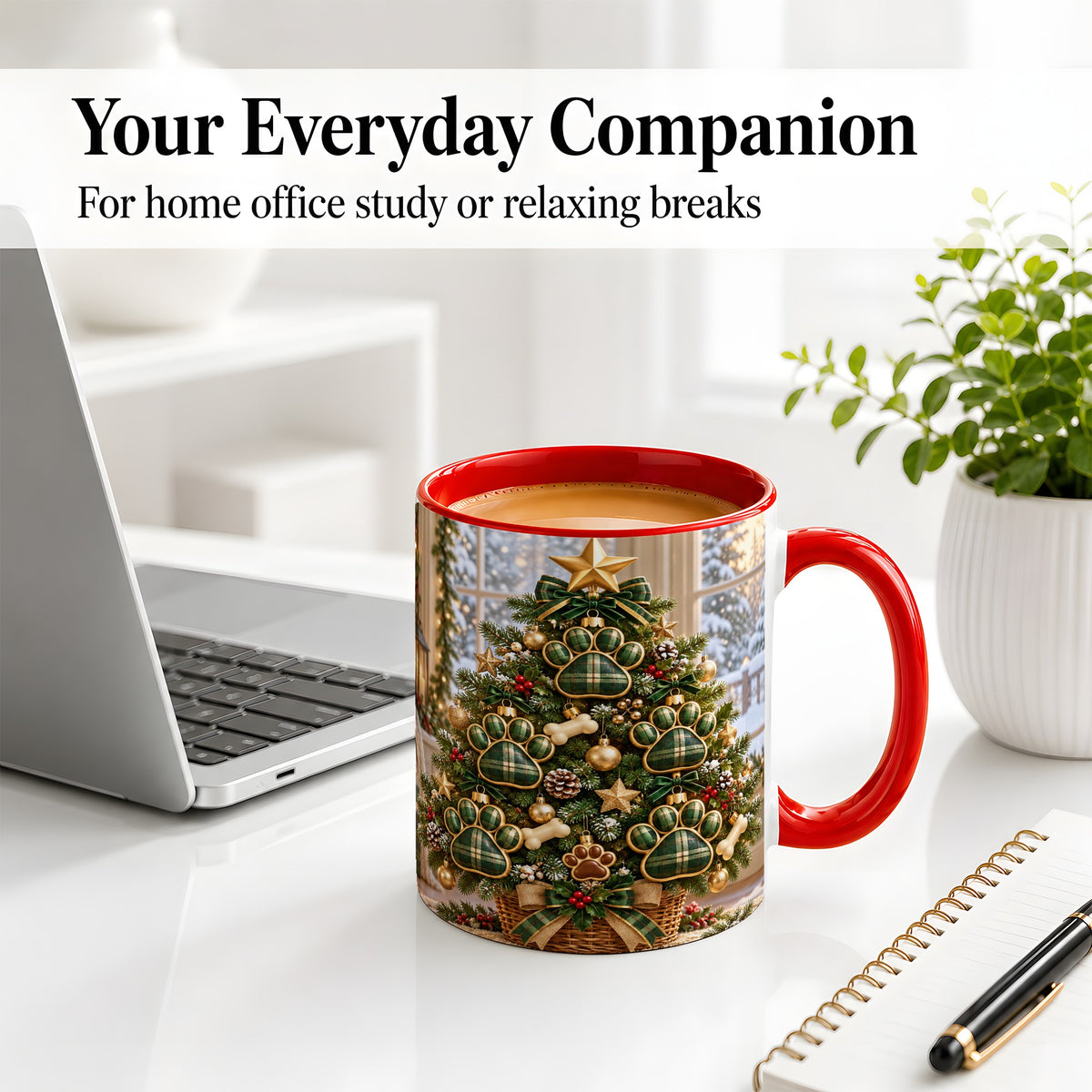 #pl[11oz|Red] Christmas Dog Paw Ceramic Mug, Green Plaid Tree Artwork