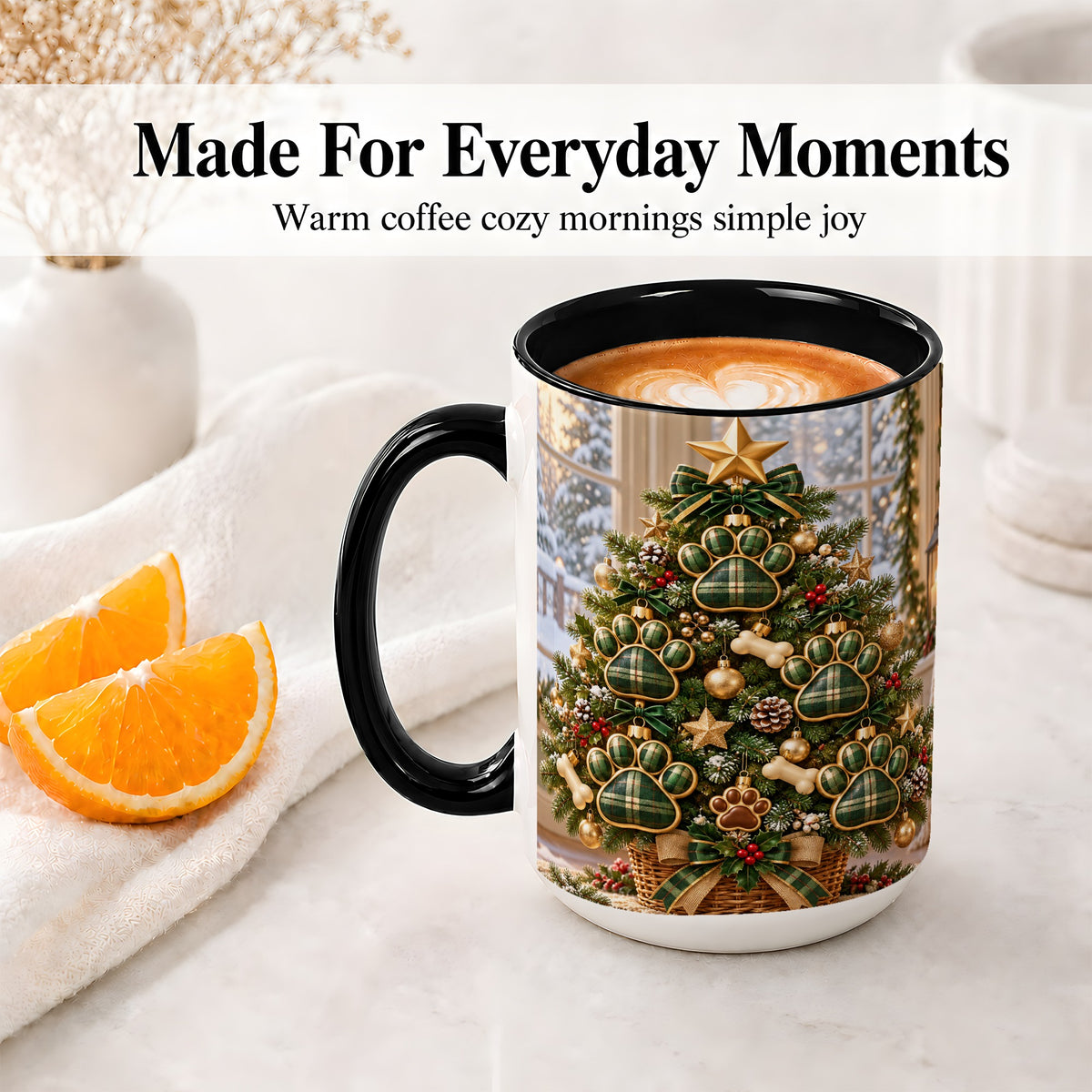 #pl[15oz|Black] Christmas Dog Paw Ceramic Mug, Green Plaid Tree Artwork