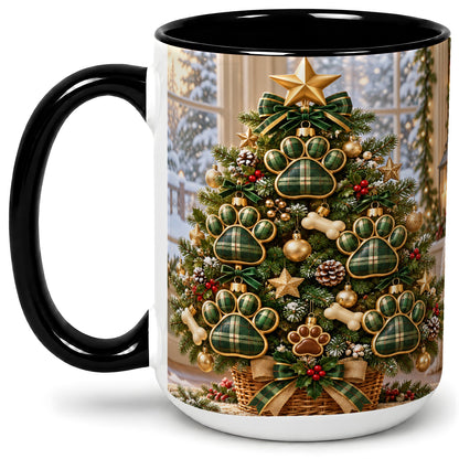 #pl[15oz|Black] Christmas Dog Paw Ceramic Mug, Green Plaid Tree Artwork