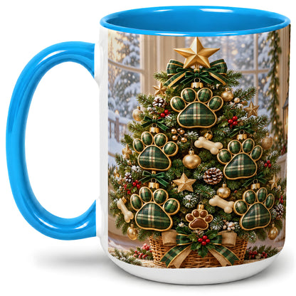 #pl[15oz|Blue] Christmas Dog Paw Ceramic Mug, Green Plaid Tree Artwork