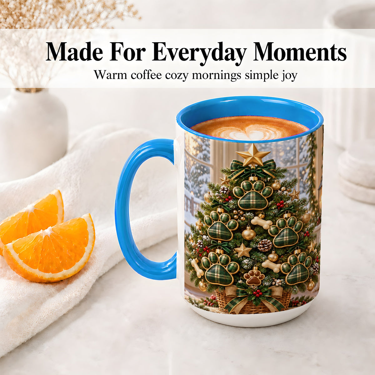 #pl[15oz|Blue] Christmas Dog Paw Ceramic Mug, Green Plaid Tree Artwork