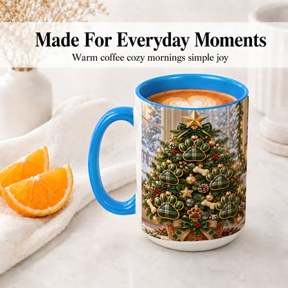 #pl[15oz|Blue] Christmas Dog Paw Ceramic Mug, Green Plaid Tree Artwork