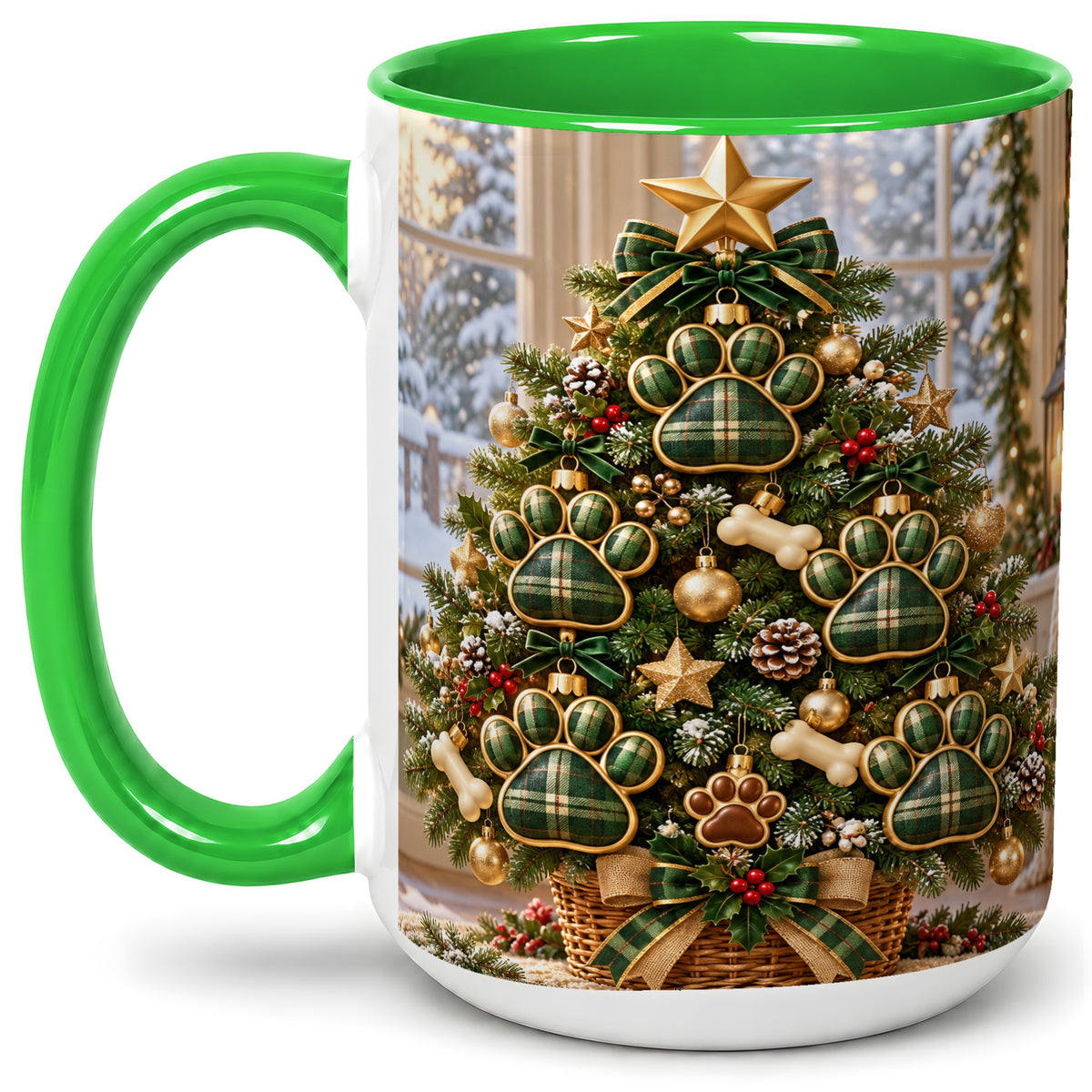 #pl[15oz|Green] Christmas Dog Paw Ceramic Mug, Green Plaid Tree Artwork