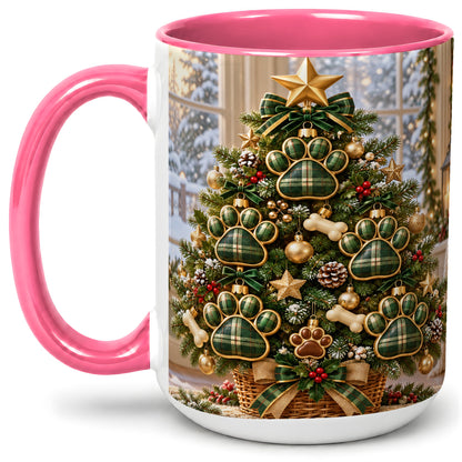 #pl[15oz|Pink] Christmas Dog Paw Ceramic Mug, Green Plaid Tree Artwork
