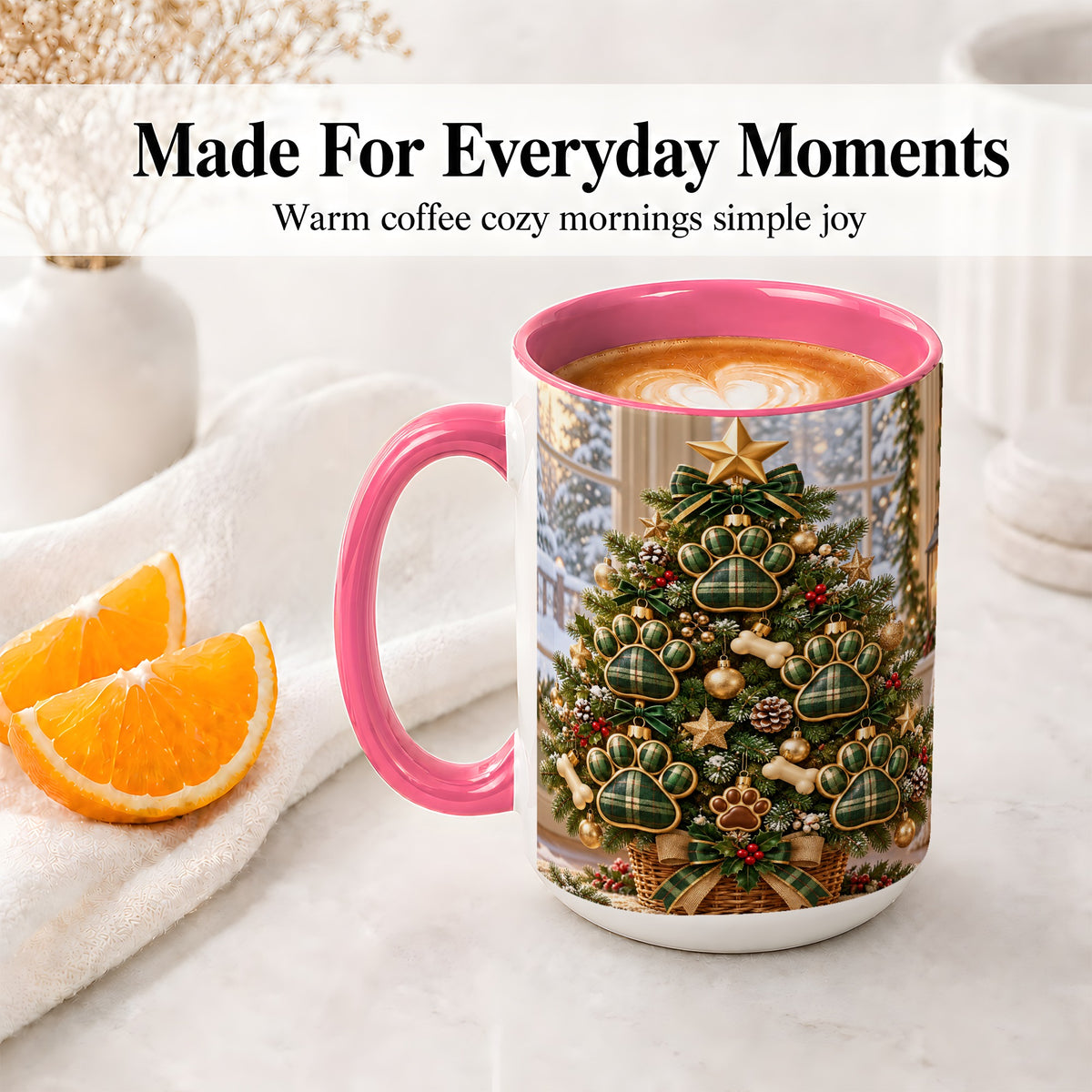 #pl[15oz|Pink] Christmas Dog Paw Ceramic Mug, Green Plaid Tree Artwork
