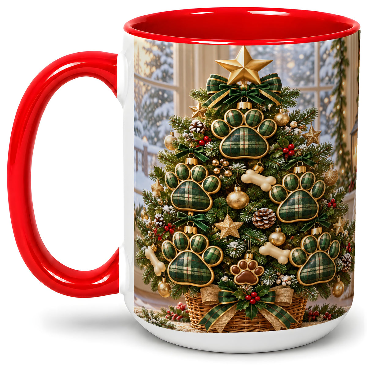 #pl[15oz|Red] Christmas Dog Paw Ceramic Mug, Green Plaid Tree Artwork