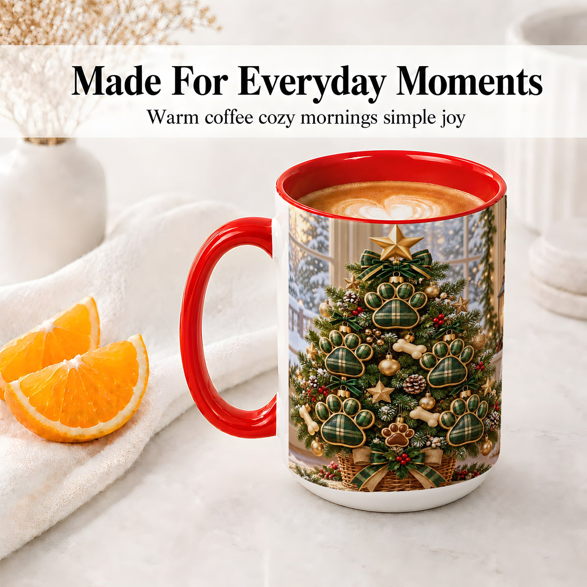 #pl[15oz|Red] Christmas Dog Paw Ceramic Mug, Green Plaid Tree Artwork