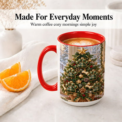 #pl[15oz|Red] Christmas Dog Paw Ceramic Mug, Green Plaid Tree Artwork