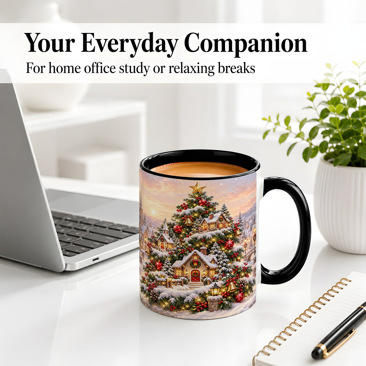 #pl[11oz|Black] Snowy Christmas Village Ceramic Mug, Winter Tree Cottage Scene