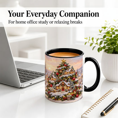 #pl[11oz|Black] Snowy Christmas Village Ceramic Mug, Winter Tree Cottage Scene